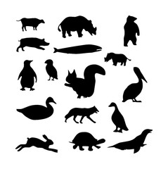 silhouette, animal, vector, cat, illustration, icon, black, animals, set, rabbit, fish, bird, collection, cartoon, bear, dog, nature, sea, design, halloween, pet, wild, mammal, turtle, shape