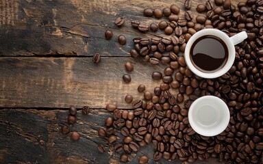 Naklejka premium Coffee, Espresso cup and coffee beans on wooden background.