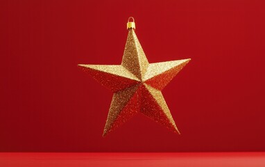 Obraz premium A glittering gold star-shaped Christmas ornament hovering mid-air, on a bold red background