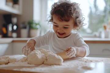A smiling toddler joyfully rolls out dough with a wooden pin amidst a floury kitchen countertop, embodying the essence of childhood joy and family bonding during baking time.