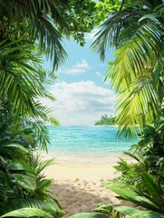 Fototapeta premium Tropical Beach Paradise: Lush Vegetation, Island, Sand, Ocean, Blue Sky, Clouds, Coast, Nature, Scenic, Vacation