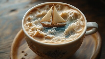 A sailing boat made of coffee foam floating on top of a cappuccino.
