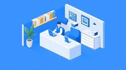 Fototapeta premium Isometric illustration of a modern office workspace. A person works at a desk with laptops, surrounded by bookshelves and office supplies. Clean, minimalist design.