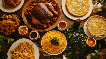 Soul food spread on a wooden table, fried chicken, cornbread, sweet potato pie, traditional South USA cuisine 