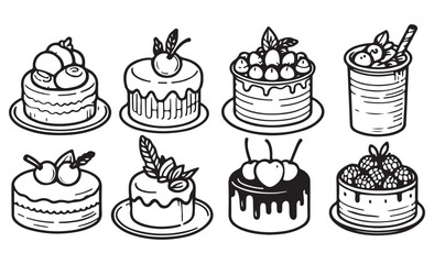 Engraved style, birthday cake set with cream and berries for web, menu, posters, decoration. Hand drawn sketches of monochrome isolated on white background. Detailed vintage style