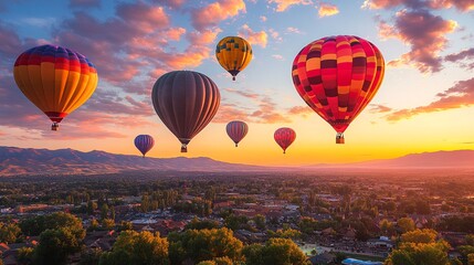 Obraz premium Hot air balloons flying over a town at sunrise.