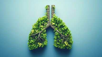 Lungs made of greenery on a blue background, symbolizing clean air and nature. Concept of ecology and environmental protection