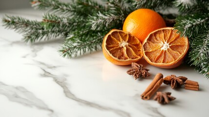 Warm winter aromas with dried oranges and fragrant spices arranged beautifully
