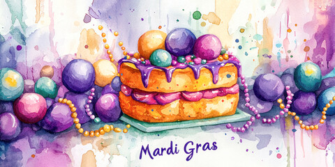 Mardi Gras King Cake with colorful decorations, beads, and festive details in a vibrant watercolor illustration.