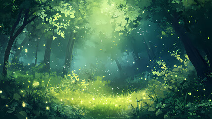 Naklejka premium Lush green forest with dappled sunlight and bokeh effect nature background. Dappled. Illustration