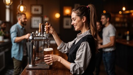Young caucasian female bartender serving beer in a lively pub setting