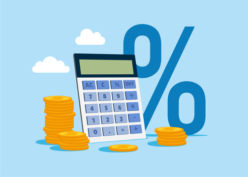 Calculator with coins. Budget management concept. Financial calculation of money. Tax time. Modern vector illustration in flat style