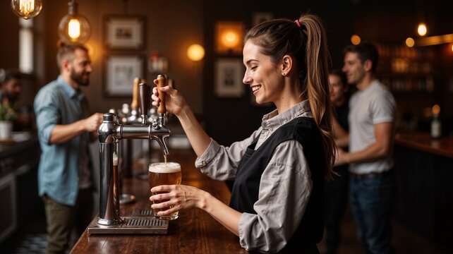 Young caucasian female bartender serving beer in a lively pub setting