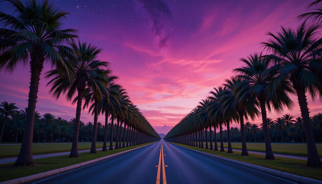 Palm Tree-Lined Road with Vibrant Pink and Purple Sky and Starry Night Effect
