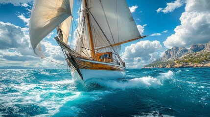 a large sailboat with white sails and a wooden hull sailing through rough blue waters near rocky cliffs under a cloudy sky.