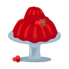 Red glossy cranberry jelly on plate festive dessert . Pink berry pudding design element decorated fresh cranberries. Vector illustration of sweet gelatin dessert isolated on white background