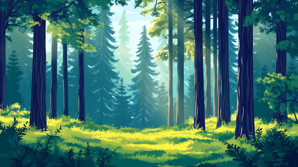 Peaceful forest clipart with tall trees and dappled sunlight, creating a serene and tranquil atmosphere. Dappled. Illustration