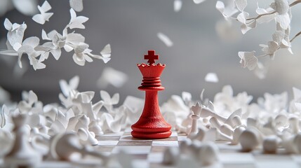 A striking red chess king stands boldly amidst white paper flowers, symbolizing strategy and elegance in a whimsical setting.