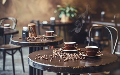 Fototapeta premium Coffee, Steaming coffee cups on dark wood tables in a cafe.