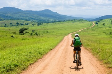 Obraz premium Biking Through Lush Green Hills on a Winding Path Full of Adventure and Serenity