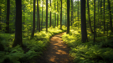 Obraz premium Serene forest clearing cedes to winding dirt path, sun-dappled trunks and ferns framing the auspicious beginning of an untrod journey. Dappled. Illustration