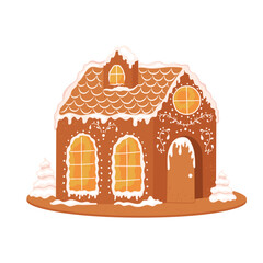 Christmas gingerbread house made of sweets and cookies. Biscuit buildings cooking decorated icing for holiday. Sugar sweet souvenir. Vector illustration of traditional Christmas cookie isolated