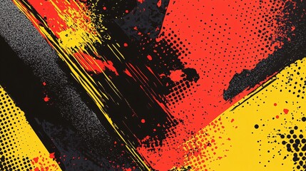 Dynamic abstract artwork featuring bold red, yellow, and black colors with expressive brush strokes.