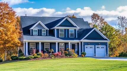 Charming suburban home with blue exterior, lush landscaping, and autumn foliage, set against a clear blue sky.