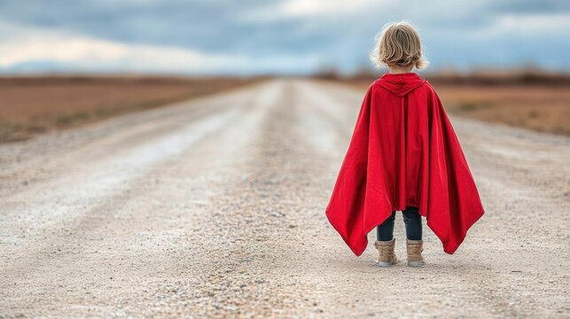 A child wearing a bright red cloak gazes down an empty gravel road beneath gray clouds - Powered by Adobe
