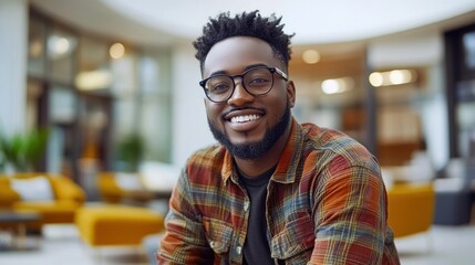 Obraz premium Young man with a beard and glasses smiles warmly in a contemporary indoor environment with vibrant seating