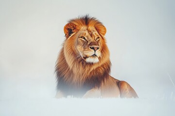 Obraz premium a majestic lion with a golden mane rests on the ground.