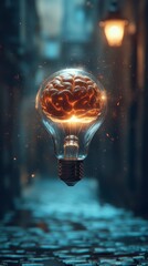 A glowing brain inside a floating light bulb illuminates a cobblestone alley, merging themes of creativity and intellect in a surreal atmosphere.