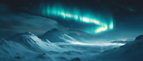 Fototapeta premium A stunning natural phenomenon of bright turquoise Northern Lights illuminating the night sky above snow-covered mountain peaks and valley in a serene winter landscape. Generative AI.