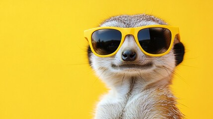 A playful meerkat with yellow sunglasses poses against a bright yellow background, exuding a cheerful and carefree vibe.