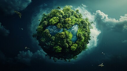 A lush, green planet symbolizing love for nature, featuring forests, oceans, and wildlife surrounded by a cosmic backdrop.