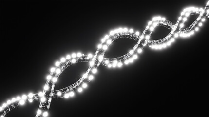 A glowing DNA strand on a black background represents biotechnology, genetics, and innovation in science. Perfect for illustrating futuristic or medical concepts.