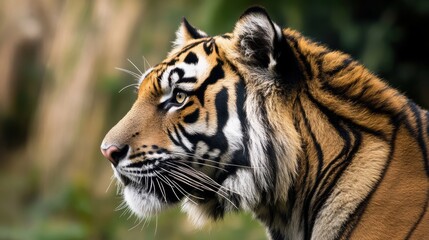 Obraz premium Close-up portraits and dynamic poses of a majestic tiger in its natural habitat, showcasing intricate striped patterns, piercing gaze, and captivating presence in the wild.
