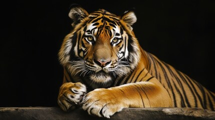 Fototapeta premium Close-up portraits and dynamic poses of a majestic tiger in its natural habitat, showcasing intricate striped patterns, piercing gaze, and captivating presence in the wild.