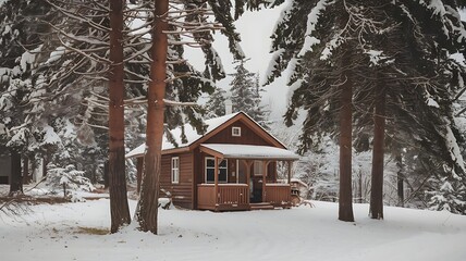 Cozy Wooden Cabin in Snowy Forest