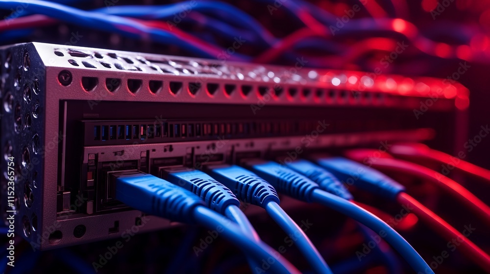 Poster network switch with ethernet cables connecting to server in data center