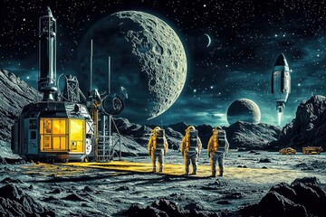 Astronauts Exploring Moonbase on the Lunar Surface