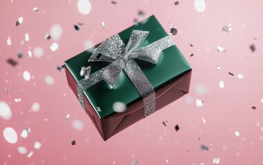 Fototapeta premium A shiny green gift box with silver accents floating on a radiant pink background