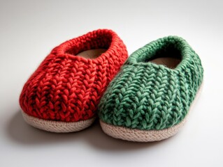 pair of knitted slippers, one red, one green
