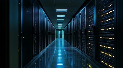 Fototapeta premium Server room corridor with blinking lights in data center