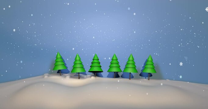 Falling snowflakes on the background of green spruce trees animation.