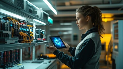 Female it technician using tablet computer and smartphone, monitoring servers in data center