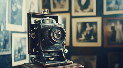 Vintage Camera in Retro Photo Gallery Setting