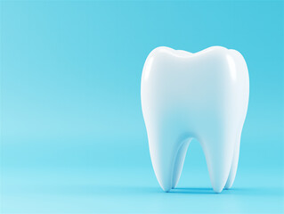 A pristine white tooth isolated on a smooth pastel blue background, symbolizing dental health, hygiene, and care. Ideal for medical or dental mockup use with copy space.