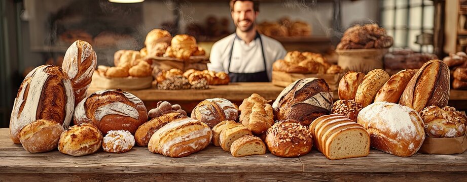 A cheerful bakery scene with an array of artisan bread Artisan bread in a cheerful bakery Warm bakery vibes with fresh loaves Rustic bread display in a cozy bakery