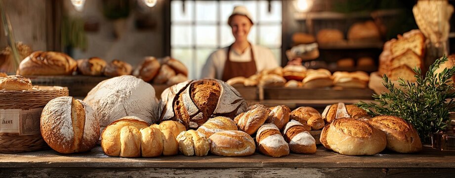 A cheerful bakery scene with an array of artisan bread Artisan bread in a cheerful bakery Warm bakery vibes with fresh loaves Rustic bread display in a cozy bakery